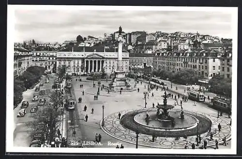 AK Lisboa, Rossio, Denkmal, Strassenbahn