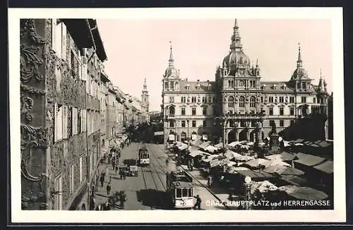 AK Graz, Hauptplatz und Herrengasse, Strassenbahn