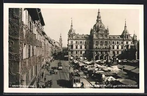 AK Graz, Hauptplatz und Herrengasse, Strassenbahn