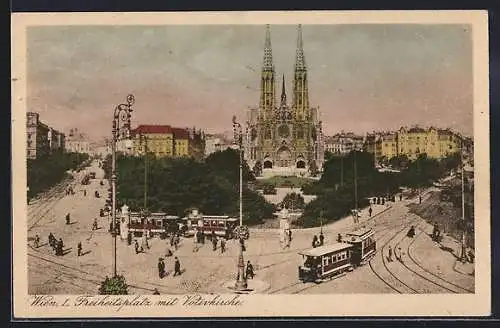 AK Wien, Freiheitsplatz mit Votivkirche und Strassenbahn