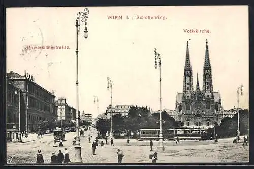 AK Wien, Schottenring und Universitätsstrasse mit Votivkirche und Strassenbahn