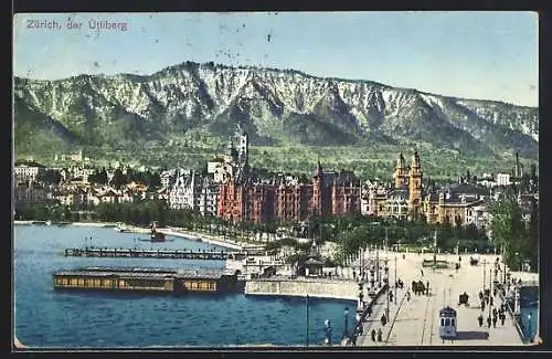 AK Zürich, Teilansicht mit Ütliberg und Strassenbahn