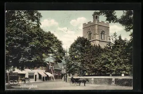 AK Hillingdon, Strassenpartie mit Kirchenturm