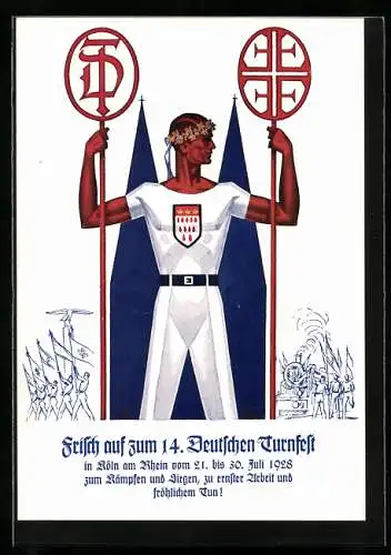 AK Köln, 14. Deutsches Turnfest 1928, Turner mit Fahnen, Wappen, Eisenbahn, Dom