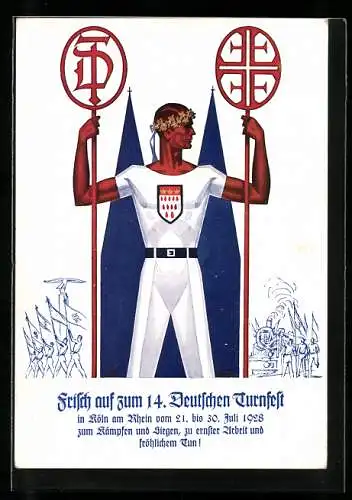 AK Köln, 14. Deutsches Turnfest 1928, Turner mit Fahnen, Wappen, Eisenbahn, Dom