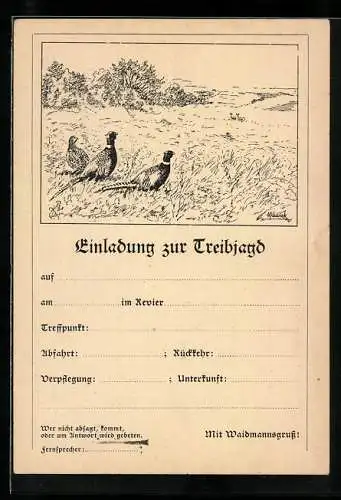 Künstler-AK Jagdeinladung mit Fasanen auf dem Feld