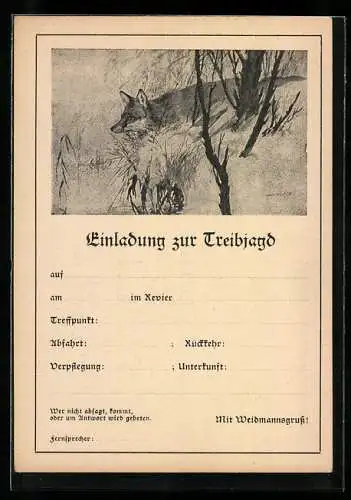 Künstler-AK Einladung zur Treibjagd, Fuchs pirscht durchs Unterholz