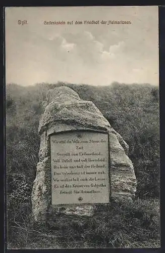 AK Westerland, Gedenkstein auf dem Friedhof der Heimatlosen