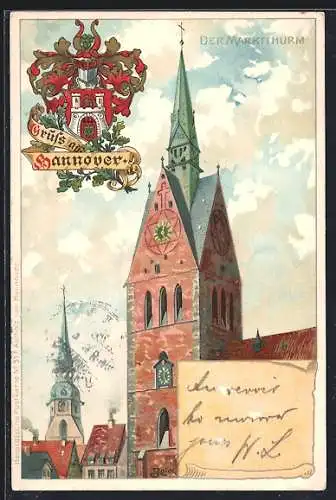 Lithographie Hannover, Neujahrsgrüsse, Marktkirche, Wappen