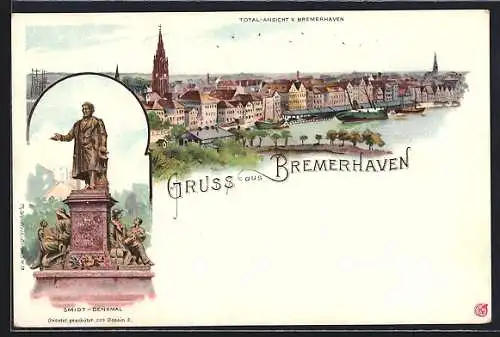 Lithographie Bremerhaven, Smidt-Denkmal, Teilansicht, Fahrradhaus Stukenbrok