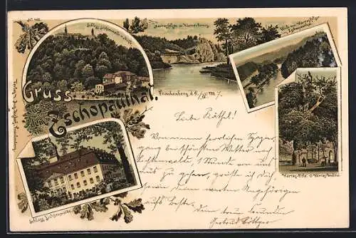 Lithographie Lichtenwalde, Schloss Lichtenwalde mit Mühle, Harrasfelsen, Harras-Eiche