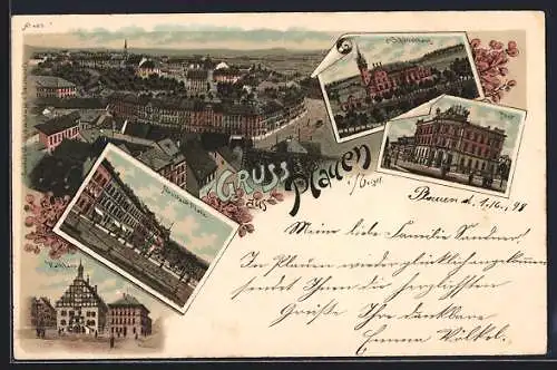 Lithographie Plauen i. V., Teilansicht, Neustadt Platz, Schützenhaus, Post, Rathhaus