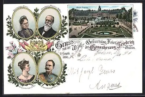 Lithographie Karlsruhe, Baden, Portraits der grossh. Familie mit Schloss