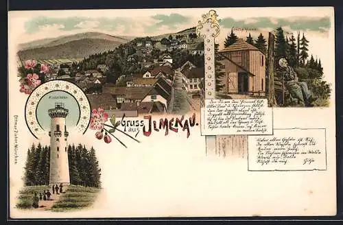 Lithographie Ilmenau, Kickelhahn, Göthe-Haus