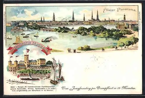 Lithographie Hamburg-Uhlenhorst, Hotel Fährhaus und Alster-Panorama