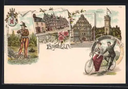 Lithographie Hameln, Hochzeitshaus, Rattenfängerhaus, Klütturm