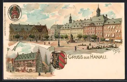 Lithographie Hanau, Marktplatz mit Rathaus und Stadtwappen