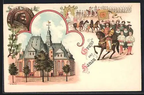 Lithographie Hanau, Kirche und Medaille mit Portrait von Philipp Luwig II