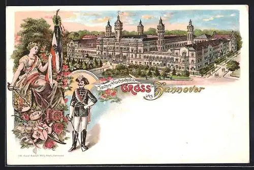 Lithographie Hannover, Technische Hochschule, Frau mit Fahne