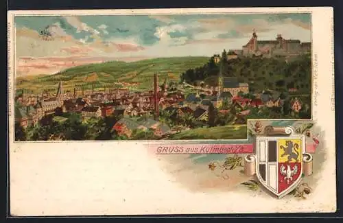 Lithographie Kulmbach i. B., Teilansicht mit Schloss, Wappen