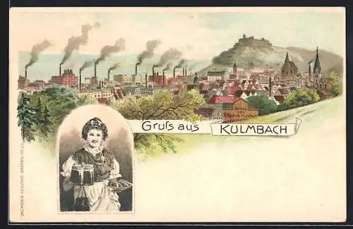 Lithographie Kulmbach, Ortsansicht aus der Vogelschau, Servierfrau mit Bierkrügen