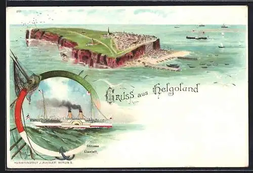 Lithographie Helgoland, Gesamtansicht mit Salondampfer Cobra