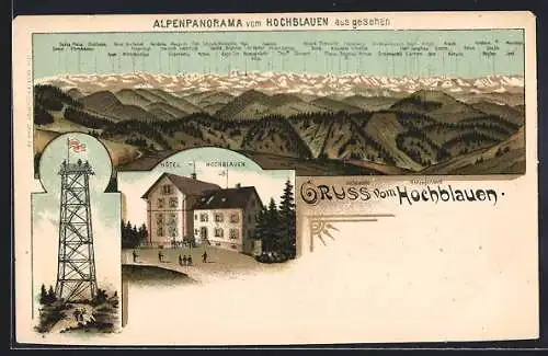 Lithographie Badenweiler, Gasthaus und Hotel Hochblauen, Alpenpanorama