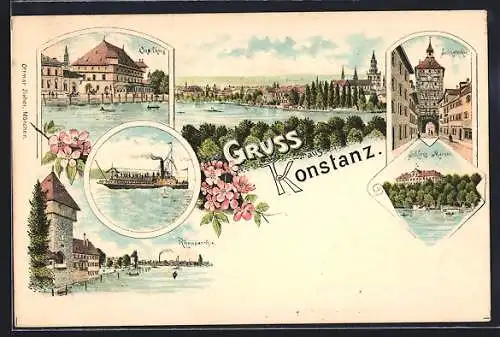 Lithographie Konstanz, Rheinpartie, Dampfer, Canalhaus, Totale, Schloss Mainau, Schnetzthor