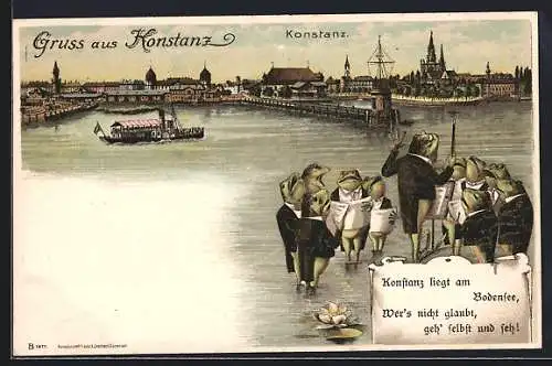 Lithographie Konstanz, musizierende Frösche am Bodensee, Dampfer auf Rundfahrt