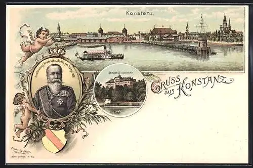 Lithographie Konstanz, Ortsansicht, Dampfer, Grossherzog Friedrich von Baden, Schloss Mainau