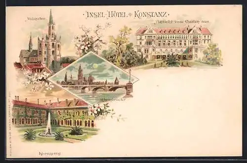 Lithographie Konstanz, Insel Hotel vom Garten aus, Münster, Rheinbrücke, Kreuzgang