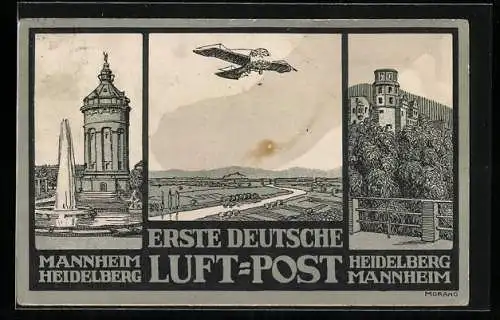 AK Erste Deutsche Luftpost zwischen Mannheim und Heidelberg, Flugzeug über der Landschaft