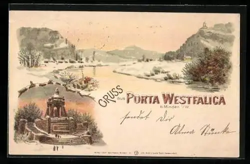 Winter-Lithographie Porta Westfalica b. Minden, Kaiser-Wilhelm-Denkmal, winterliche Flusspartie