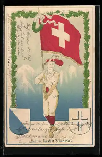 Lithographie Zürich, Eidgen. Turnfest 1903, Turner mit Fahne, Wappen