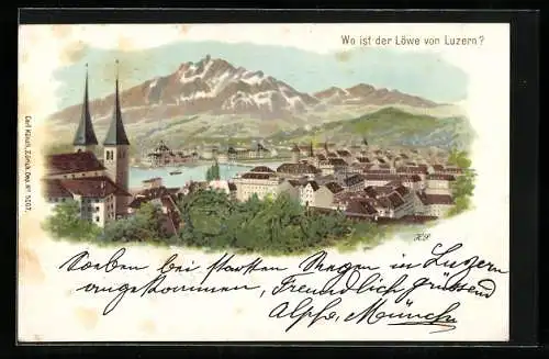 Lithographie Luzern, Wo ist der Löwe von Luzern? Verlag Carl Künzli Nr. 5007