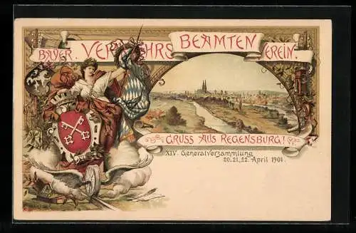 Lithographie Regensburg, Generalversammlg. Bayr. Verkehrsbeamten-Verein 1901, Stadtpanorama, Wappen, Ganzsache Bayern