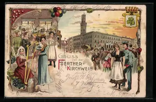 Lithographie Fürth / Bayern, Kirchweih, Festbesucher am Rathaus, Harfnering, Ganzsache