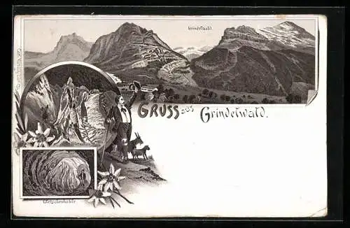 Vorläufer-Lithographie Grindelwald, 1893, Panorama, Gletscher, Gletscherhöhle