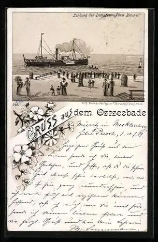 Lithographie Dampfer Fürst Blücher, Landung am Kai
