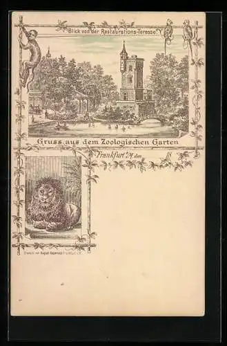 Lithographie Frankfurt a. M., Zoologischer Garten, Blick von der Restaurant-Terrasse, Löwe im Gehege