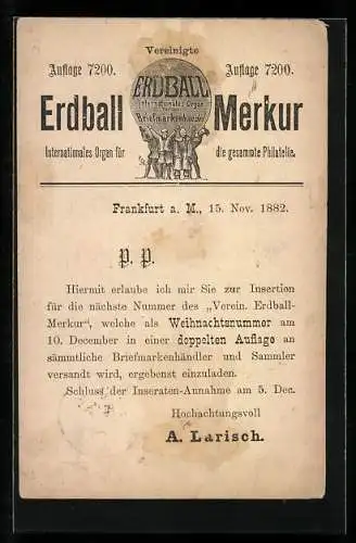 Vorläufer-AK Frankfurt a. M., 1882, Reklame für Erdball, Internationales Organ für die gesamte Philatelie