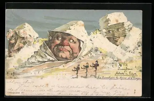 Künstler-AK sign. E. Hausen / Emil Nolde: Jungfrau, Mönch und Eiger, Berg mit Gesicht / Berggesichter