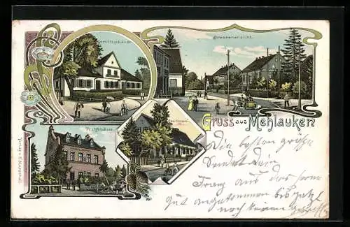 Lithographie Mehlauken, Strassenansicht, Gerichtsgebäude und Oberförsterei