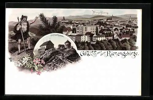 Lithographie Hirschberg /Riesengebirge, Ortschaft und Schneekoppe