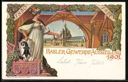 Künstler-AK Basel, Gewerbe-Ausstellung 1901, Ausstellungsgebäude mit Helvetia und Wappen