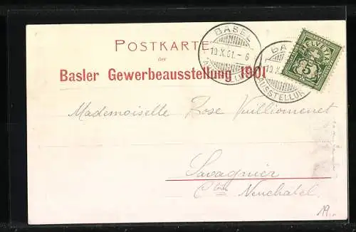 Künstler-AK Basel, Gewerbe-Ausstellung 1901, Ausstellungsgebäude mit Helvetia und Wappen