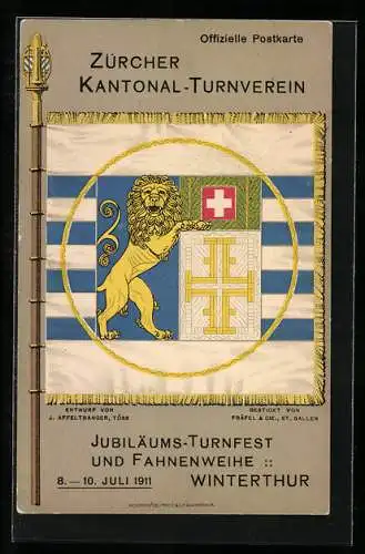 AK Winterthur, Züricher Kantonal-Turnverein, Jubiläums-Turnfest und Fahnenweihe 1911, Fahne mit Löwen