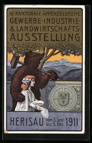 Künstler-AK Herisau, IV. Kantonale Appenzellische Gewerbe-Industrie- & Landwirtschafts-Ausstellung 1911, Mädchen und Bär