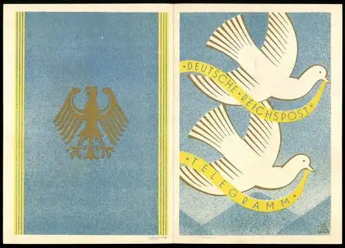 Telegramm Deutsche Reichspost, 1929, Zweiteilige Tauben-Illustration und Reichsadler auf blauem Hintergrund, J.B. Senger