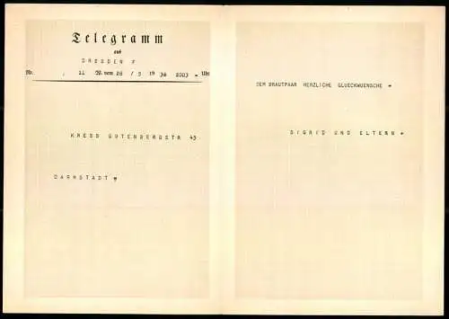 Telegramm Deutsche Reichspost, 1938, Blumenkörbe und Glückwünsche für Brautpaar